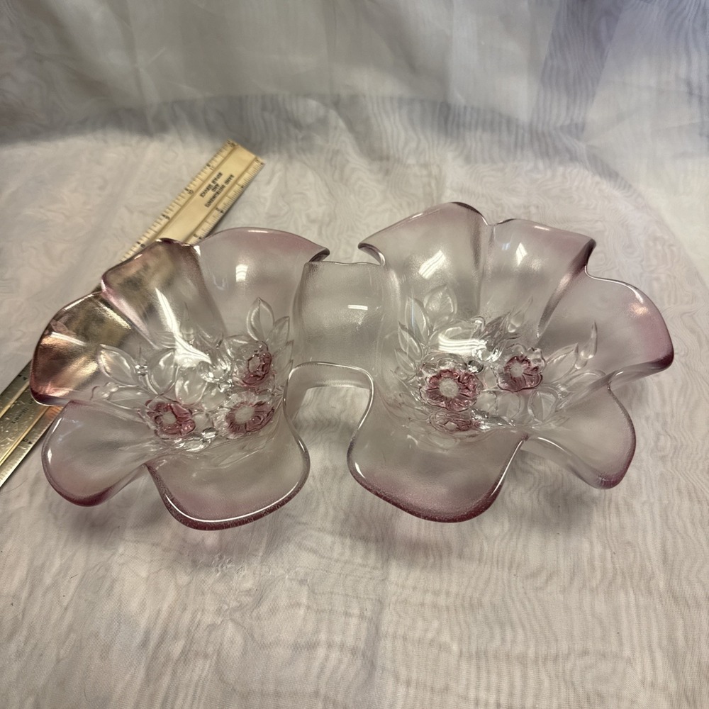 Vintage Mikasa Rosella Pink Glass Double‎ Candy Dish Flowers Frosted Bowl